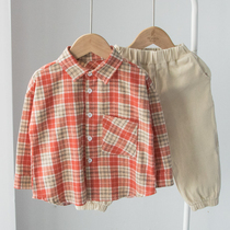 White Plaid boys and girls shirt childrens long sleeve shirt baby Foreign Korean top cotton coat