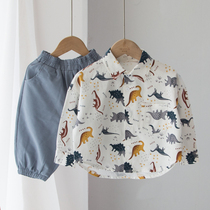 Thin dinosaur shirt boys shirt long-sleeved baby cotton foreign-style childrens coat personality Spring and Autumn Tide