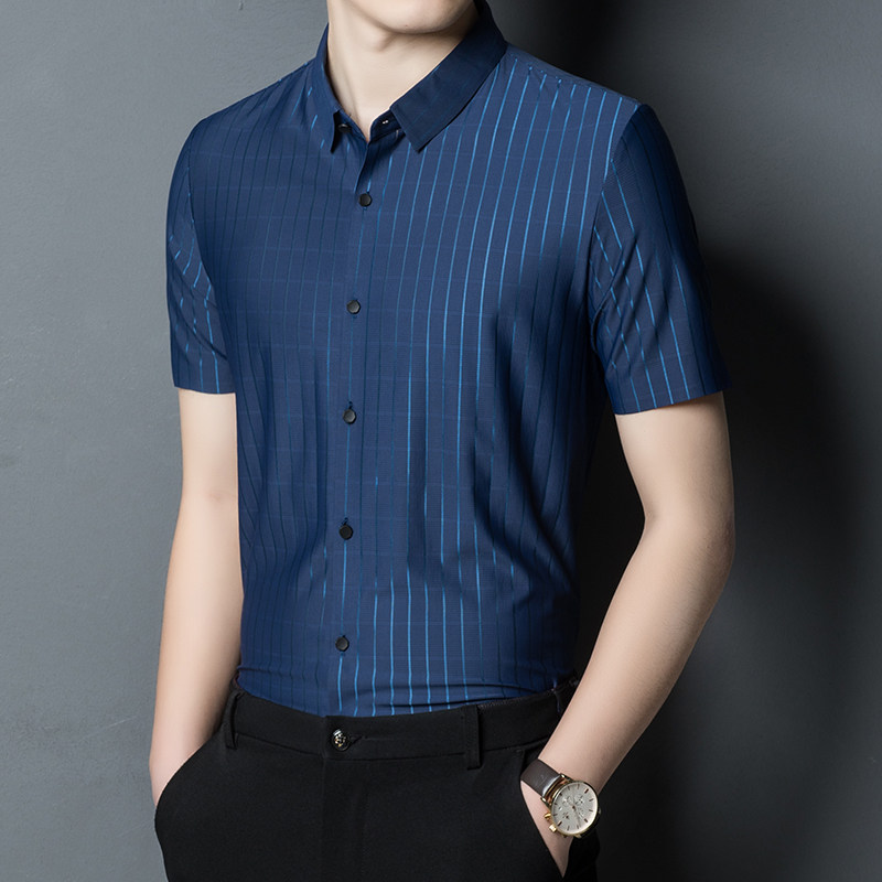 Big Cards Short Sleeves Shirts Men's Summer High-end Ice Sensation of Old Age Stripes Free of Ironing Business Casual Men Half Sleeve Shirt