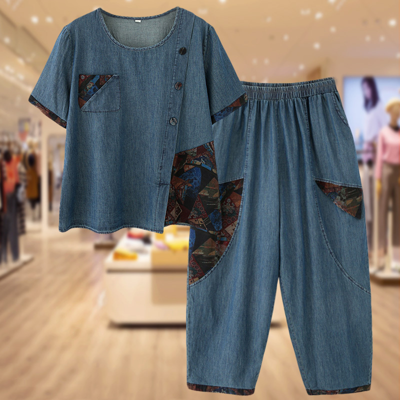 Middle-Aged and Elderly Mothers' Retro Cotton Short-Sleeved Denim Suit 2025 Summer New Style Fashionable and Casual Two-Piece Set