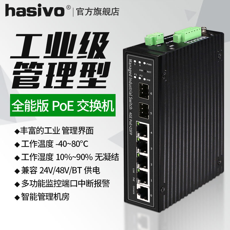 hasivo industrial-grade poe management switch 4-port Gigabit 2SFP Ethernet monitoring rail type BT90W