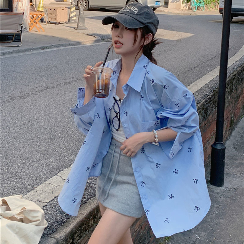 Bow Print Long-Sleeved Shirt for Women, Early Autumn New Style, Polo Collar, Loose Mid-Length Niche Cardigan Jacket