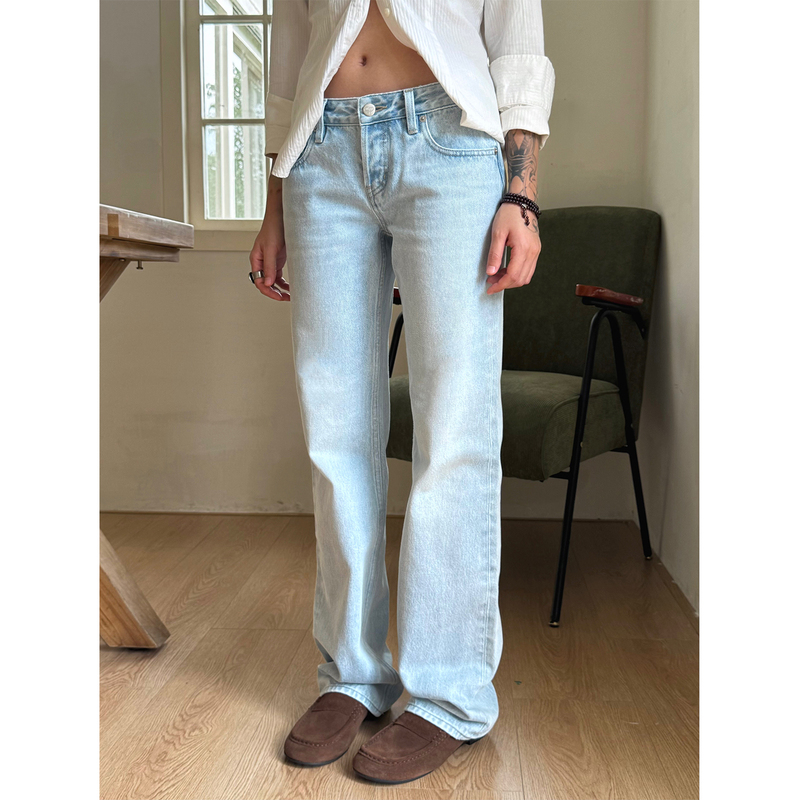 Spenpack//100% Cotton Low-Waist Button-Fly Straight-Leg Cigarette Pants Denim Trousers, Flattering the Waist and Hips, Making Legs Look Straighter