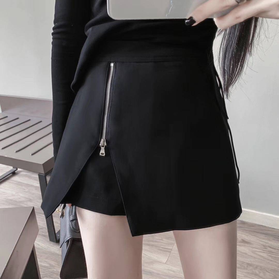 2021 summer side zipper split high waist irregular skirt Women's versatile anti-go light A-line culottes skirt