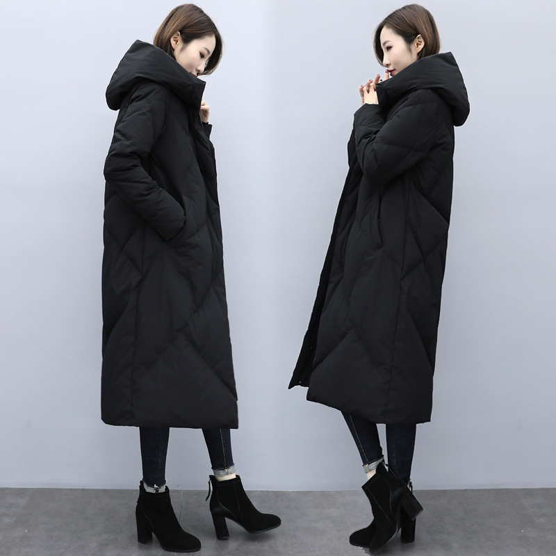2025 Winter New Women's Plus Size Thickened Hooded Long Over-The-Knee Black down Jacket White Duck down Coat for Women
