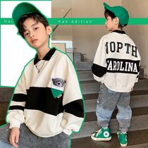 Spring Boys Sweater 2022 New Childrens Spring and Autumn Stand Collar Coat Fried Street Childrens Clothing Middle-aged Childrens Pullover Shirt Trend