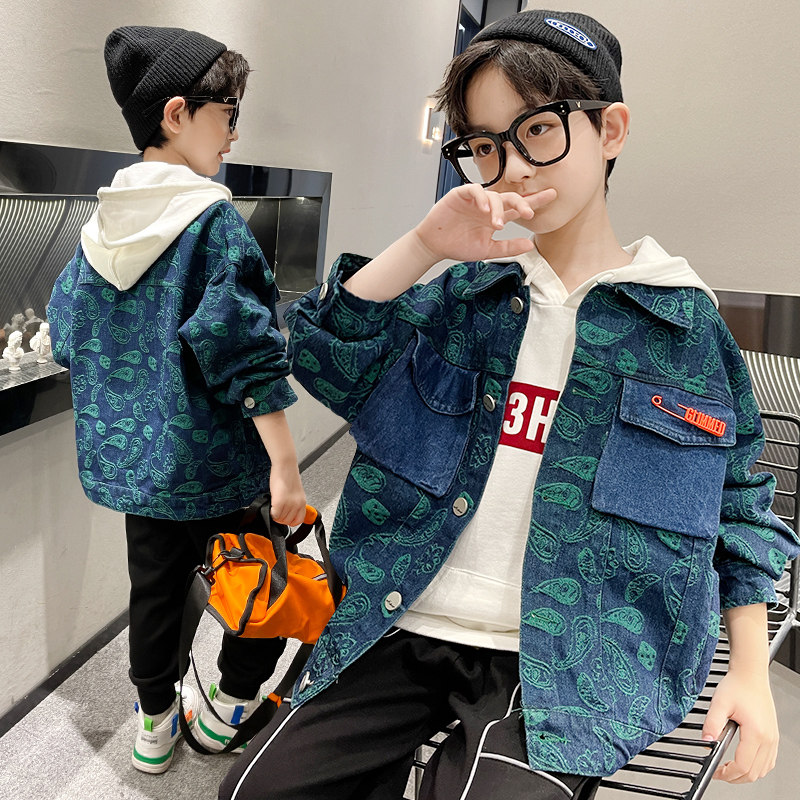Boys' jacket spring clothing 2022 new children's fried street tops in the big boy's Western style boy's spring and autumn tide brand denim