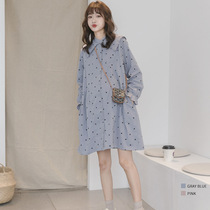 Maternity dress autumn mid-length cotton and linen 2021 new wave point go out long-sleeved breastfeeding shirt skirt tide mother