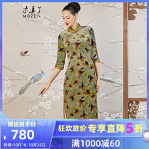 Wooden vintage velvet long cheongsam dress new print Chinese improved fashion party dress 306