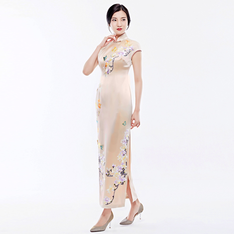 Mujian Women's Custom Cheongsam S three -dimensional Embroidery Long Golden Dress Wedding Banquet Host Clothing 0820 Mujian Women's Custom Cheongsam S three -dimensional Embroidery Long Golden Dress Wedding Banquet Host Clothing 0820