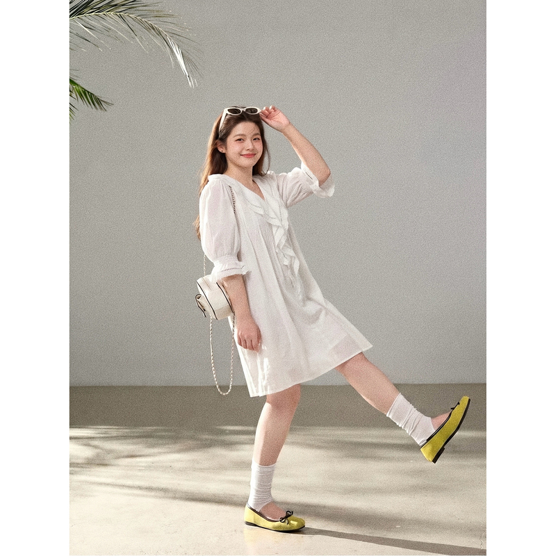 Sscho Plus-Size Women's Clothing 2026 Summer New Loose-Fitting Slimming Belly-Covering V-Neck Cotton Dress