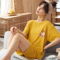 New Frontier Cotton] Pyjamas Female Summer Pure Cotton Short Sleeves Thin Loose Cute Sweet And Beautiful Exterior Wear Round Collar Home Suit Suit