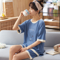 New Frontier Cotton] Pyjamas Female Summer Pure Cotton Short Sleeves Thin Loose Cute Sweet And Beautiful Exterior Wear Round Collar Home Suit Suit