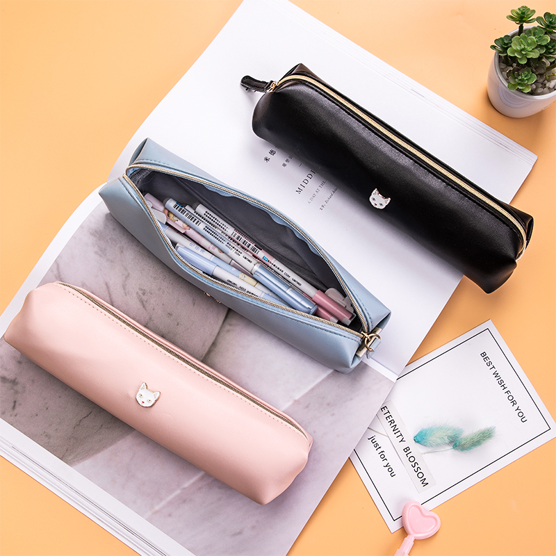 Strong minimal student pencil bag lengthened PU leather bag multifunctional comfort touch girls makeup bag