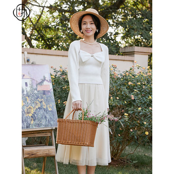 Stubborn spring new solid color knitted suspender + long-sleeved sweater cardigan women's suit 10831tz07946