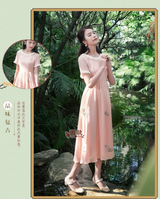 Gió tre cứng đầu 2019 hè mới của phụ nữ nghệ thuật retro cổ điển thêu vòng cổ ngắn tay dài đầm voan - Sản phẩm HOT đồ nữ