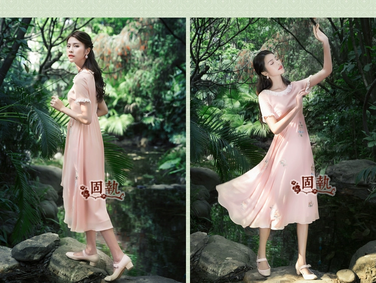 Gió tre cứng đầu 2019 hè mới của phụ nữ nghệ thuật retro cổ điển thêu vòng cổ ngắn tay dài đầm voan - Sản phẩm HOT đồ nữ