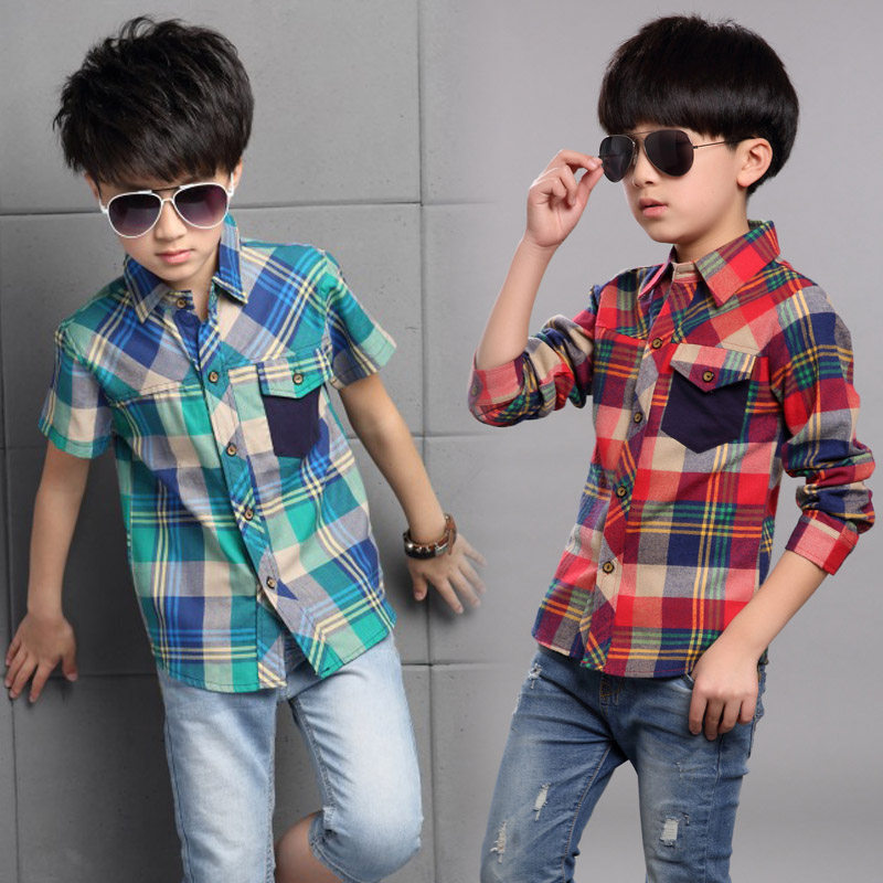 Children's clothing boy short-sleeved shirt spring clothing baby lapel spring and autumn plaid shirt in the big boy boy shirt tide Korean version