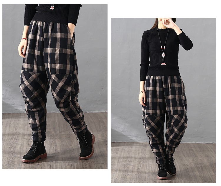 Mùa đông kẻ sọc dày cotton và lanh lỏng cộng với quần cotton bên ngoài mặc quần nhăn nhăn quần retro harem quần quilted phụ nữ quần kaki nữ