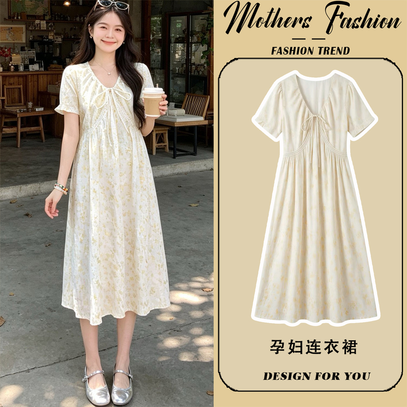 Maternity Dress Summer Thin Style 2026 New French Gentle Style V-Neck Short-Sleeved Floral A-Line Skirt Mid-Length for Women Maternity Dress Summer Thin Style 2026 New French Gentle Style V-Neck Short-Sleeved Floral A-Line Skirt Mid-Length for Women