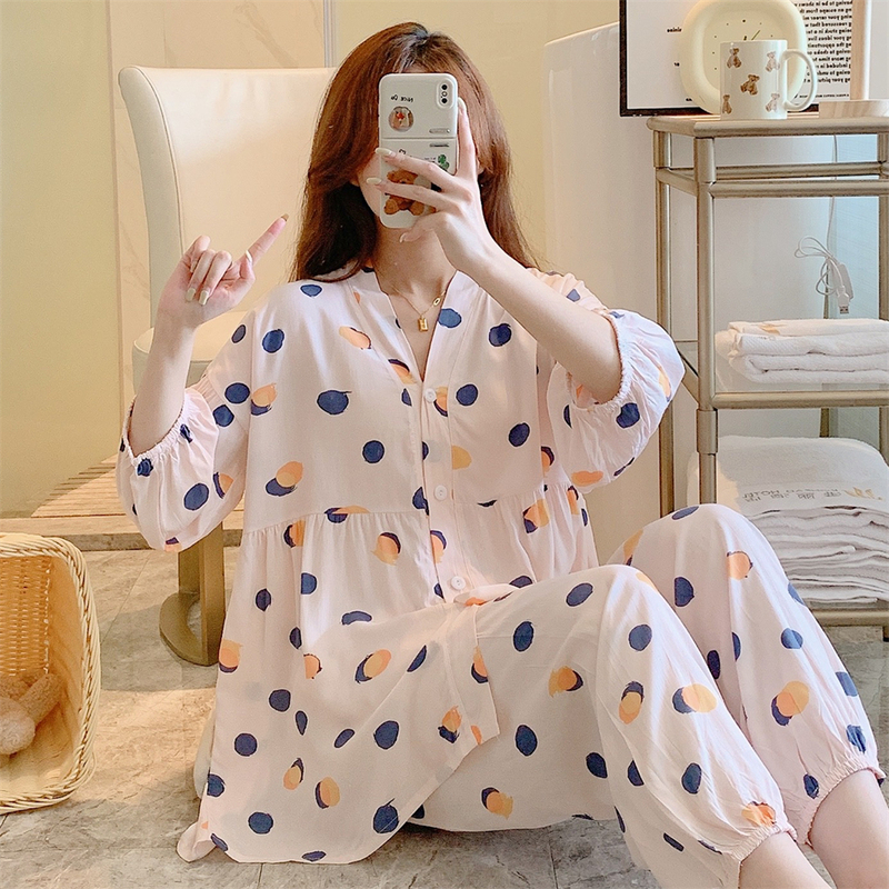 100% Cotton Silk Pajamas for Women, 7/8 Sleeves, Long Pants, Spring and Summer Thin Style, 2026 New Trendy Cardigan Set, Loungewear 100% Cotton Silk Pajamas for Women, 7/8 Sleeves, Long Pants, Spring and Summer Thin Style, 2026 New Trendy Cardigan Set, Loungewear
