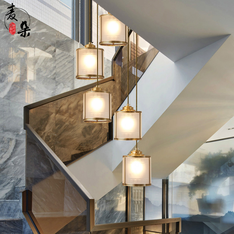 Maiduo new Chinese-style duplex building mezzanine long chandelier full copper glass hanging lamp Chinese style hotel spiral staircase lamp