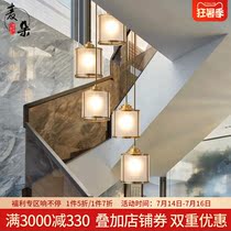 Maduo new Chinese style duplex building middle floor long chandelier All copper glass hanging lamp Chinese style hotel rotating stair lamp