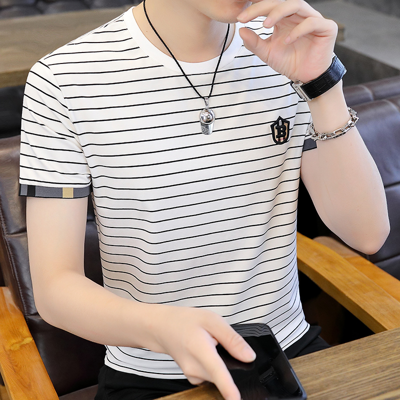 Summer trendy striped short sleeve T-shirt for men's 2022 new Korean version of the clothes ice-board-card half-sleeve T-shirt