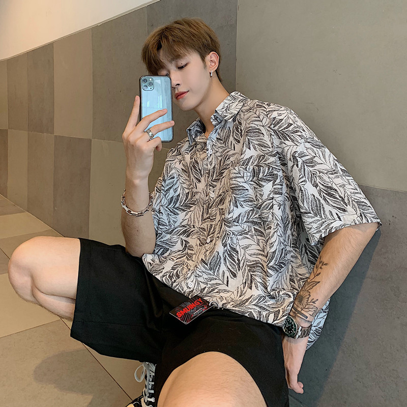 Summer Hong Kong Style Plus-Size Short-Sleeved Shirt Hawaiian Style Casual Leaf Print Shirt for Big Guys Couple Fresh Top for Men