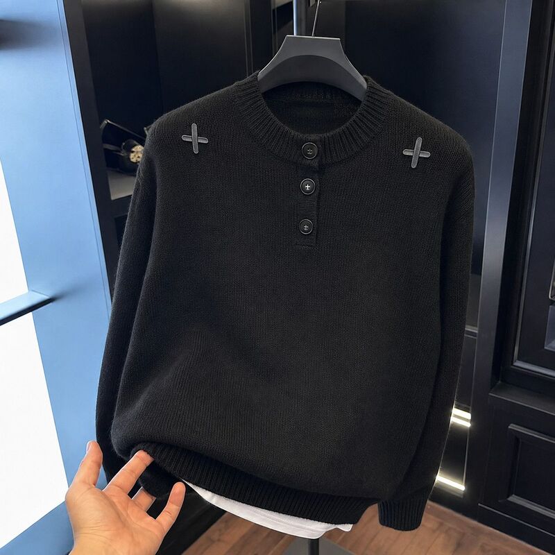 Autumn and Winter Black American-Style Oversized Sweater for Plus-Size Men and Women, Hong Kong Style, Relaxed and High-End Embroidered Knitwear Autumn and Winter Black American-Style Oversized Sweater for Plus-Size Men and Women, Hong Kong Style, Relaxed and High-End Embroidered Knitwear