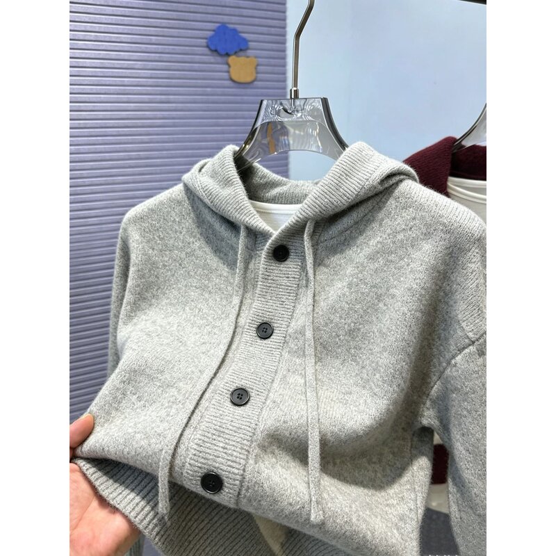 Cardigan Hooded Sweater for Men, Thick Autumn and Winter 2026 New Style Knitwear, Loose and Lazy Style Woolen Sweater Jacket