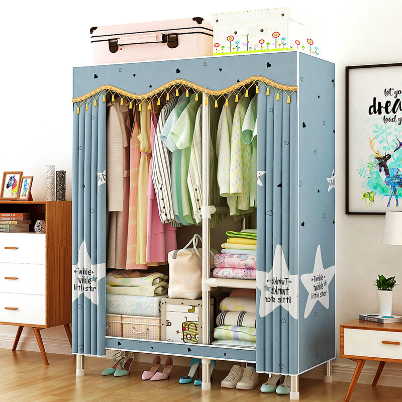 Household simple cloth wardrobe steel pipe bold reinforcement thickened all steel frame curtain type stainless single double assembled wardrobe