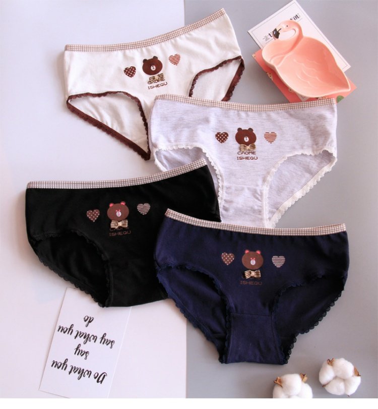 Kẻ sọc dễ thương gấu Anh phong cách cotton nữ đồ lót nữ hoạt hình eo bông phụ nữ bán buôn quần chip nữ đẹp