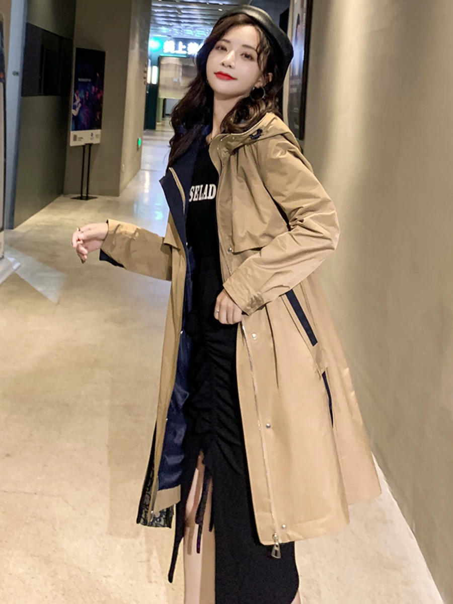 Осеннее trench coat, корейская куртка с капюшоном, средняя длина
