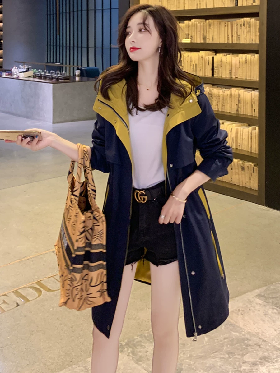 Осеннее trench coat, корейская куртка с капюшоном, средняя длина