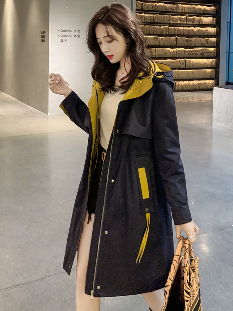 Осеннее trench coat, корейская куртка с капюшоном, средняя длина