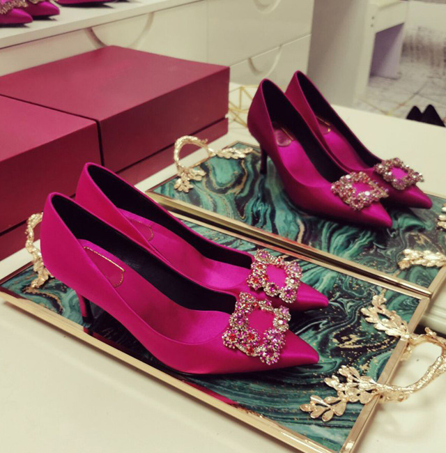 Wedding Shoes Green Satin Square Buckle High Heels Pointed Toe Shallow Mouth Annual Meeting Rose Red Elegant Women's Rhinestone Buckle Single Shoes