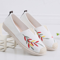Spring Autumn Season Embroidered Old Beijing Cloth Shoes Women Casual White Sails Shoes Flat Bottom Fisherman Shoes Non-slip Single Shoes Little White Shoes