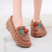 Korean Version Autumn Winter Plus Suede Warm Womens Shoes Beans Flat Bottom Shoes 100 Lap Light Cotton Shoes Outwear Fur Shoes Fashion Casual