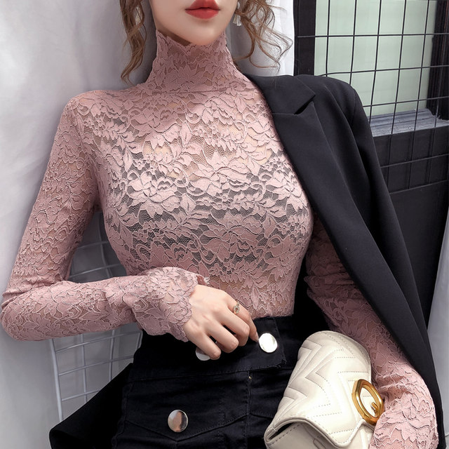 Slender top high collar lace bottoming shirt women's autumn and winter 2020 new foreign style with black mesh hollow long sleeves inside