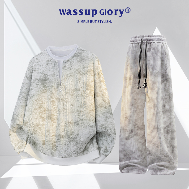 Wassup Glory Fake Two-Piece Tie-Dye Set for Men, Autumn Textured Loose Fit, Old Money Style Design, Complete Set