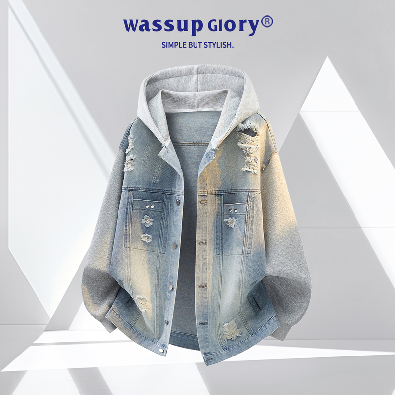 Wassup Glory Retro Hooded Jacket Men's New Autumn Style High-End High Street Ripped Washed Denim Jacket