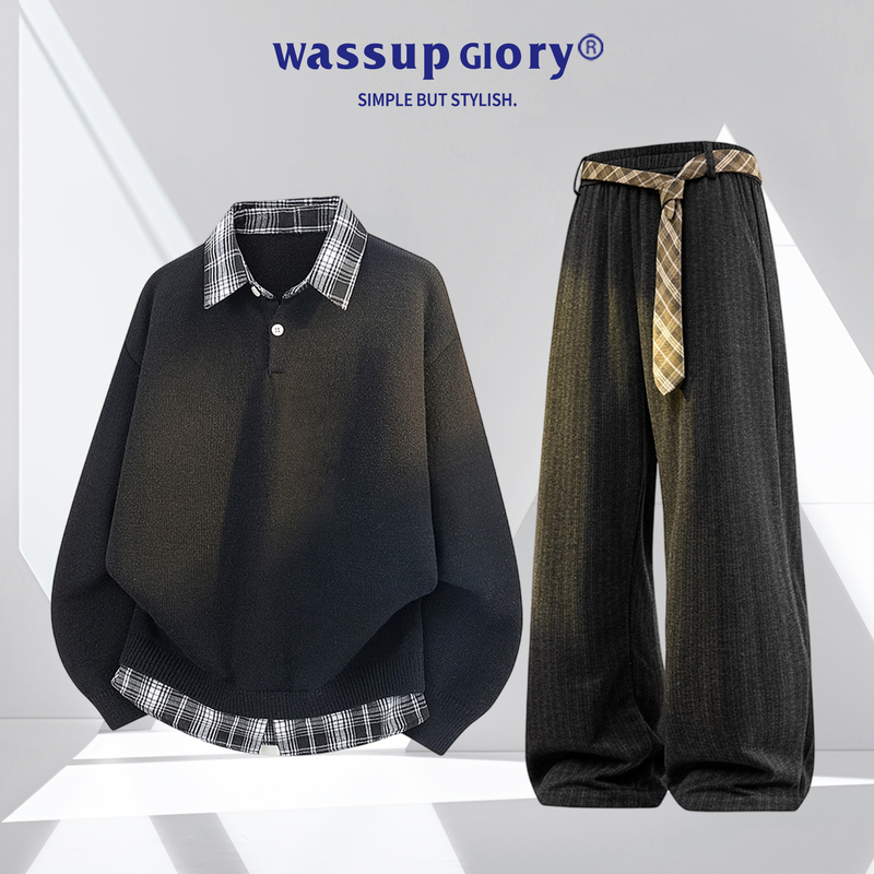 Wassup Glory Fake Two-Piece Patchwork Suit Men's Autumn Polo Shirt Old Money Style Casual Sports Texture