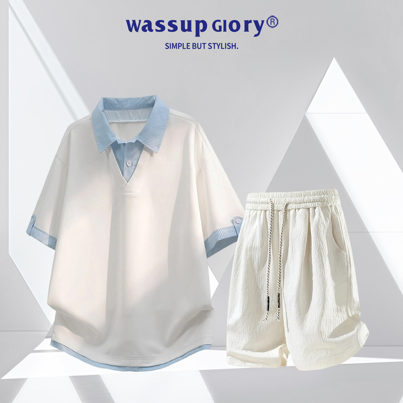 Wassup Glory Fake Two-Piece Ice Silk Suit for Men, New Summer American Casual Spliced T-Shirt Set
