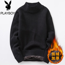 Playboy plus velvet thickened semi-turtleneck black sweater mens autumn and winter Korean trend personality base sweater