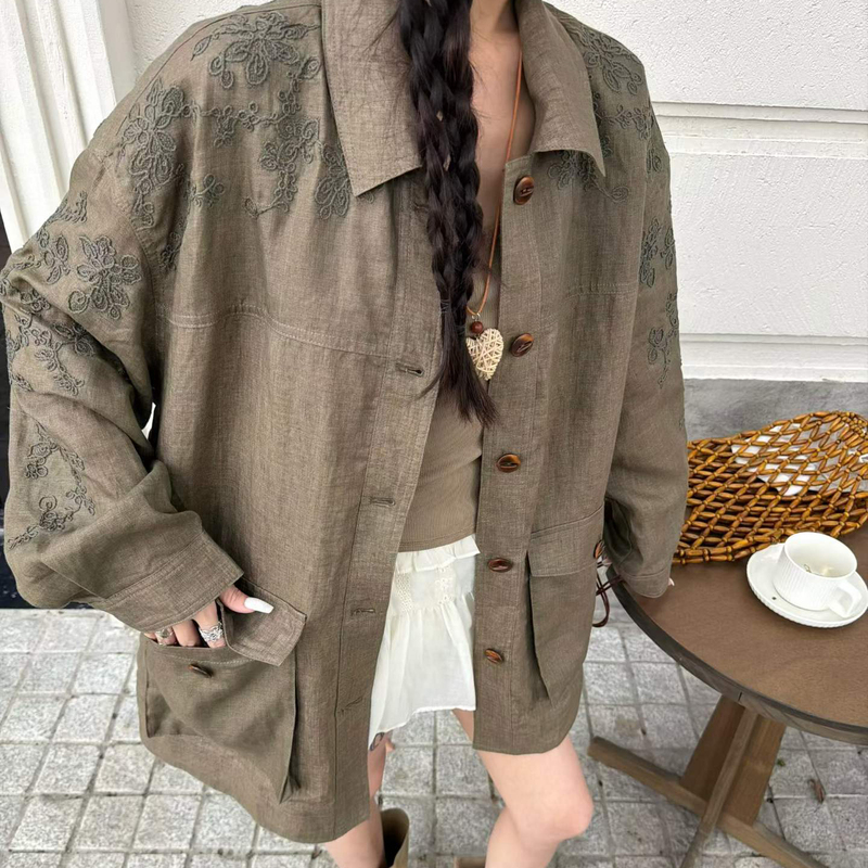 Old Money Style Workwear Linen Shirt Trench Coat Women's Jacket 2026 Spring New Loose Lazy Style Sun Protection Top