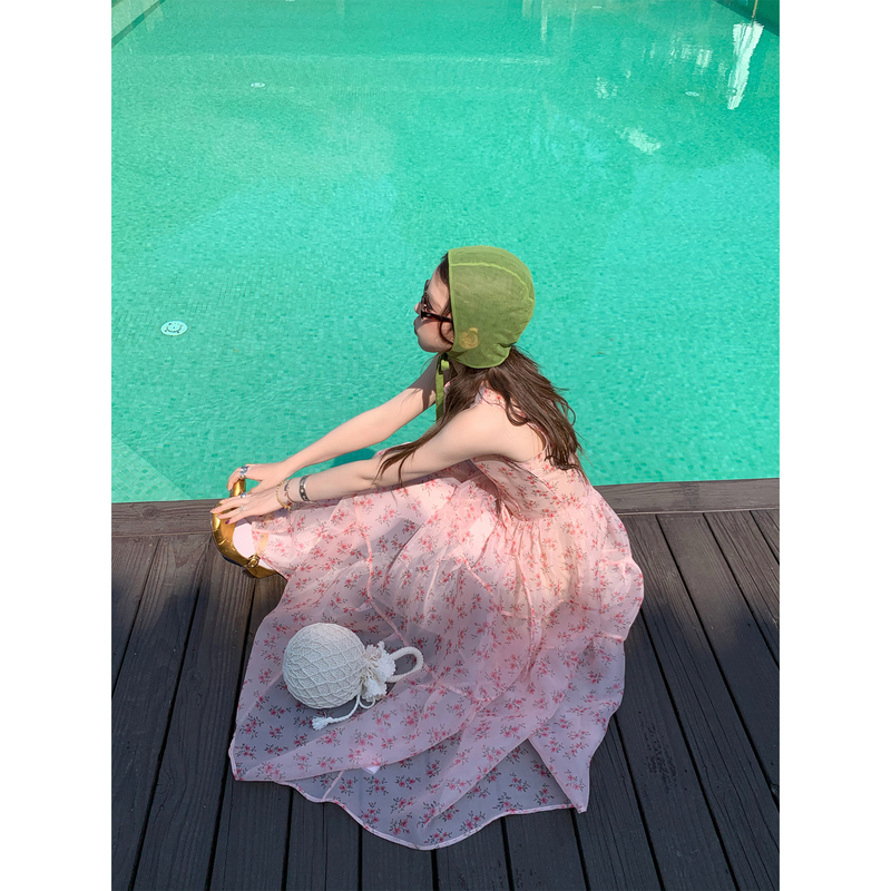 Le Rouge Zhou Meimei Misty Dreamy Girl's Dreamy Pink Floral Organza Tank Dress