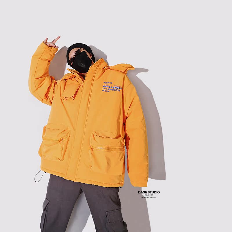 Áo khoác mùa đông 2018 quốc triều quần áo cotton đường phố cao cấp nhiều túi hip-hop vài chiếc mũ trùm đầu nam và nữ lỏng lẻo áo khoác nam trung niên