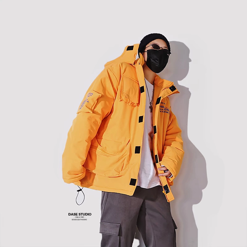 Áo khoác mùa đông 2018 quốc triều quần áo cotton đường phố cao cấp nhiều túi hip-hop vài chiếc mũ trùm đầu nam và nữ lỏng lẻo