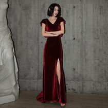 Vintage velvet evening dress female 2020 new host Avenue Queen party dress wine red toast